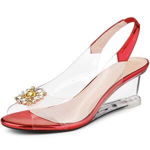 Peep Toe Rhinestone Clear Wedges Heels Sandals Red